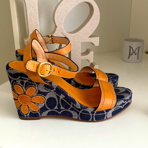 Coach Shoes - ⬆️ Coach Kori C Logo Monogram Denim Flower Wedge Sandals